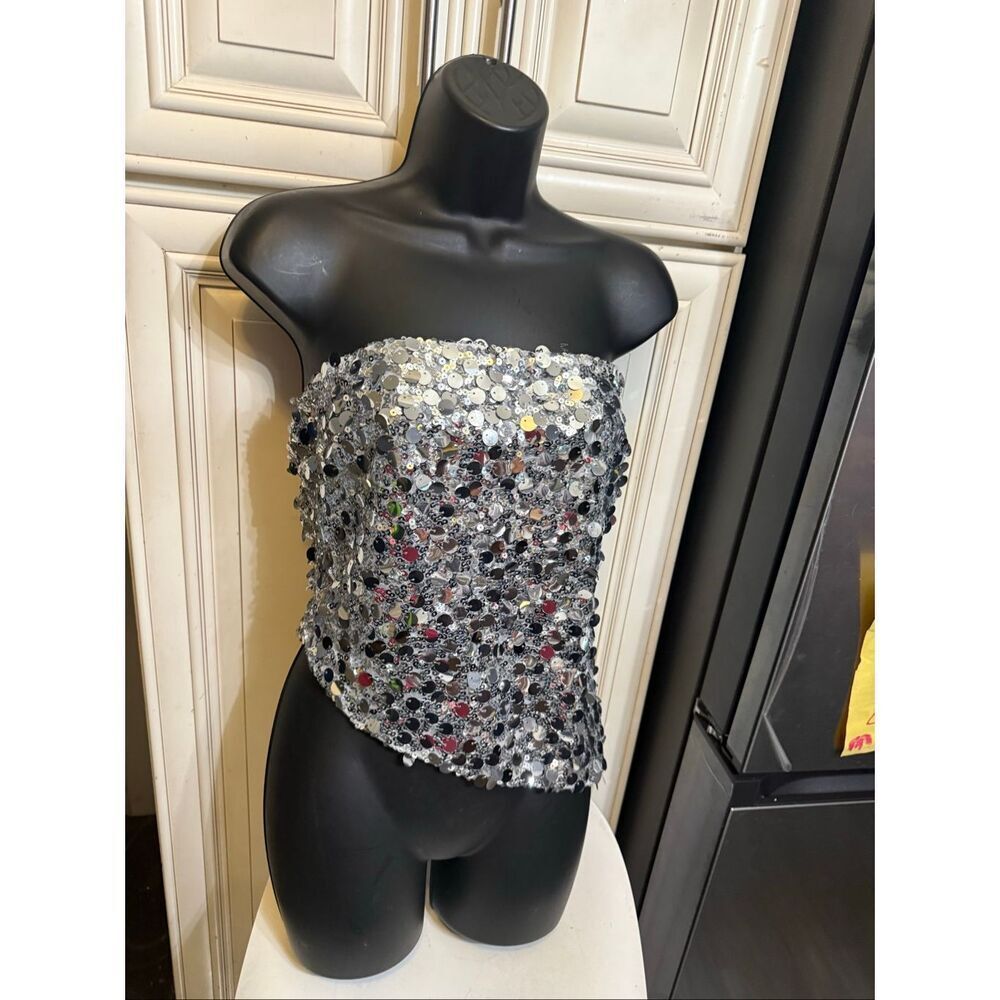 Fashion Nova Women's Let's Dance Sequin Strapless Tube Top Silver Size Large NWT